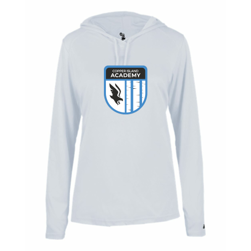 Load image into Gallery viewer, Copper Island Academy - Ladies LS Performance Tee with Hood
