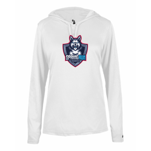 Load image into Gallery viewer, Spring Run - Ladies LS Performance Tee with Hood
