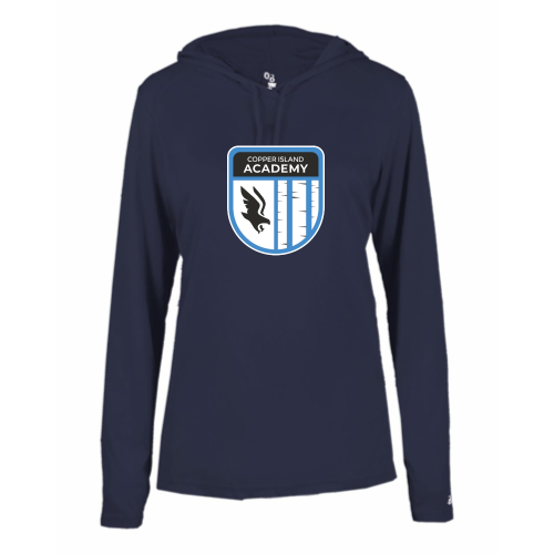 Load image into Gallery viewer, Copper Island Academy - Ladies LS Performance Tee with Hood
