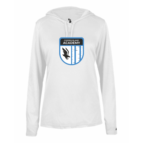 Load image into Gallery viewer, Copper Island Academy - Ladies LS Performance Tee with Hood
