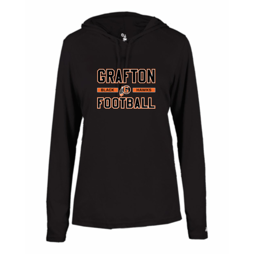 Load image into Gallery viewer, Grafton Black Hawks - Ladies LS Performance Tee with Hood
