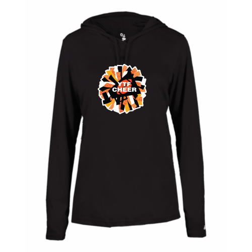 Load image into Gallery viewer, YTF Cheer - Ladies LS Performance Tee with Hood
