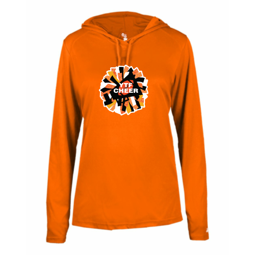 Load image into Gallery viewer, YTF Cheer - Ladies LS Performance Tee with Hood
